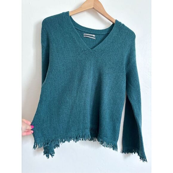 Anthropologie Joy fringed v neck teal sweater size small - Picture 3 of 8